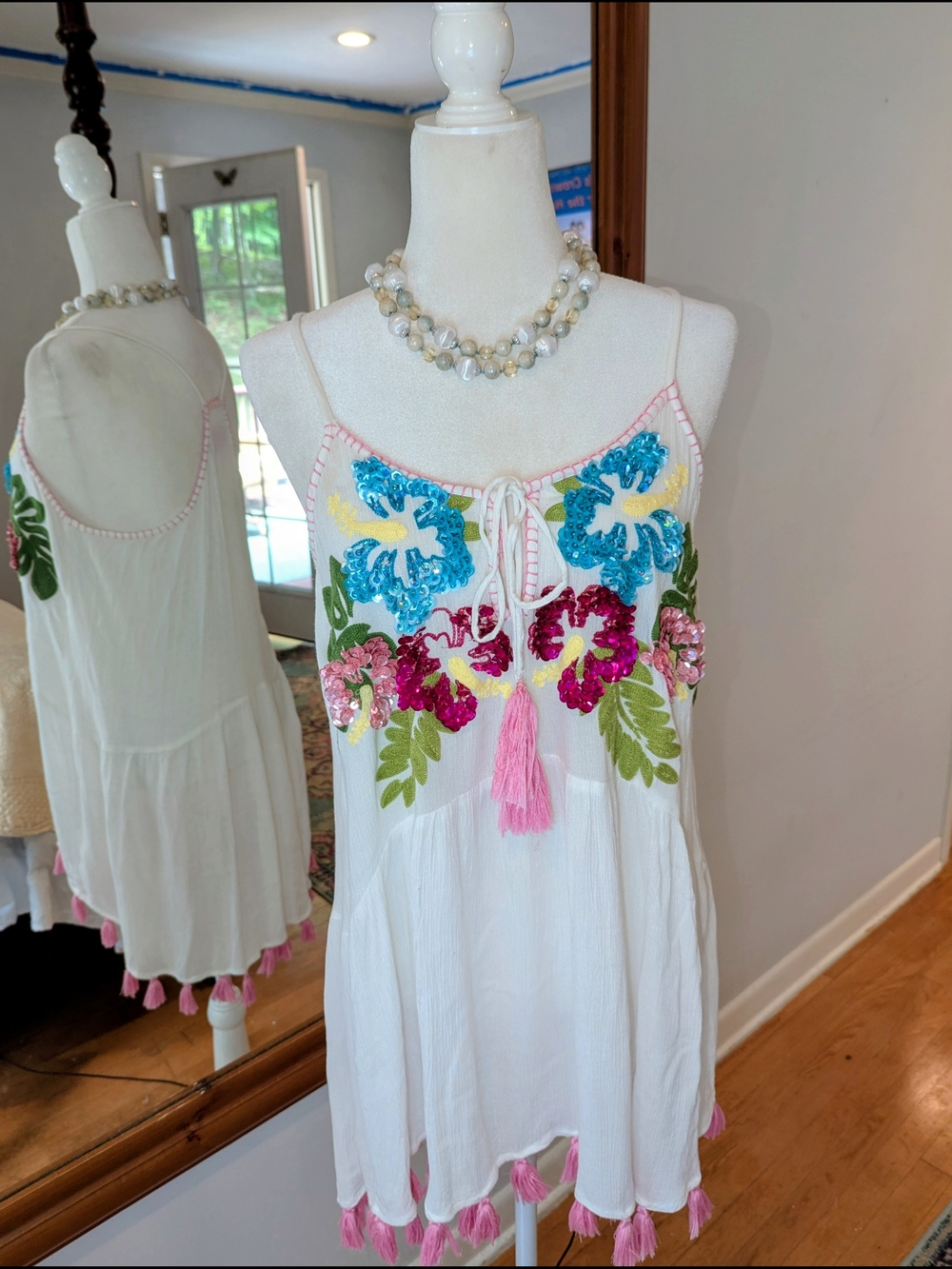 White Embroidered Tassel Tunic Top with Multicolor Floral Accents